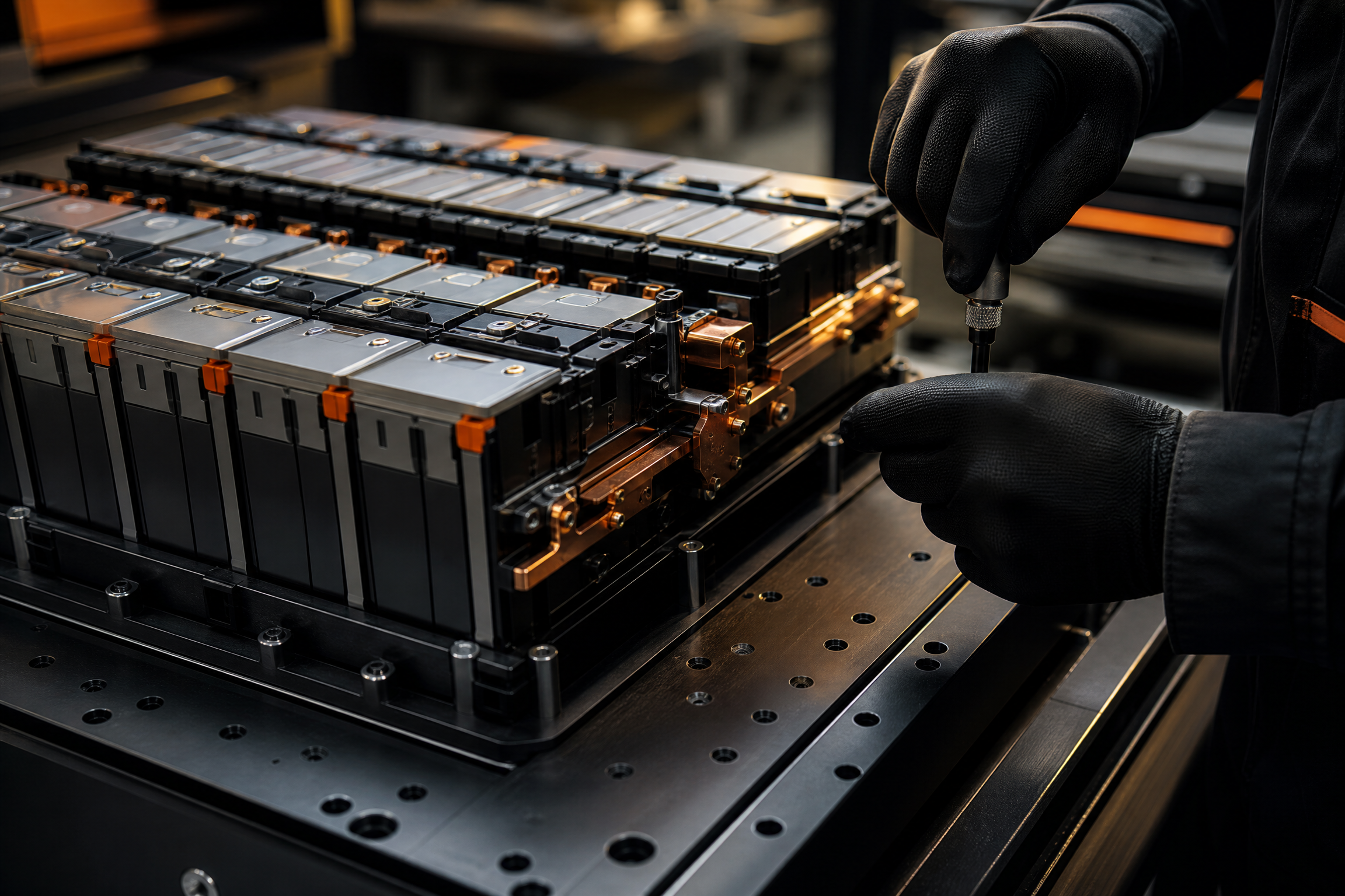Precision battery-pack assembly detail with copper bus bars and quality inspection